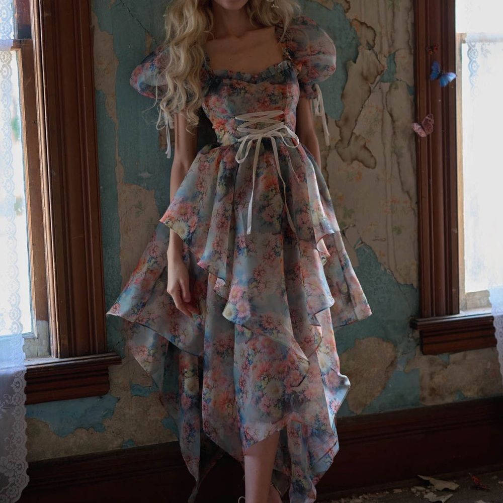 Selkie Pastel Blue Floral Ruffle Hi‑Low Dress
